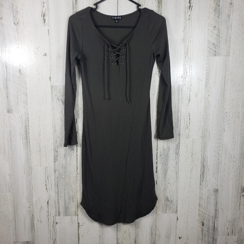 Timing ribbed long sleeve army green midi dress women's size medium